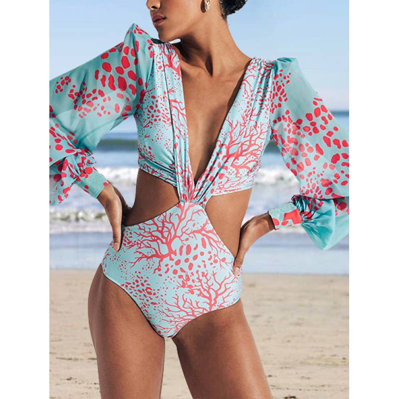 Floral Cutout Long Sleeve One-Piece Swimsuit